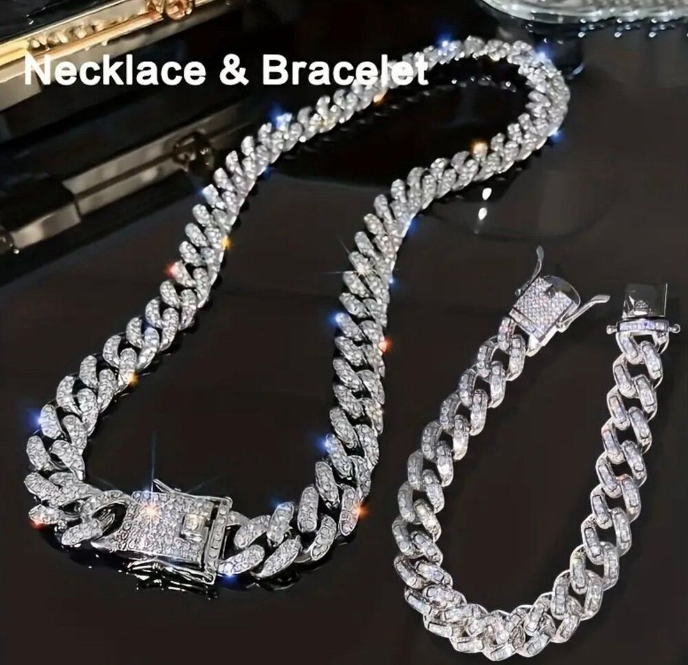 New 18k white gold filled Cuban link chain and bracelet set